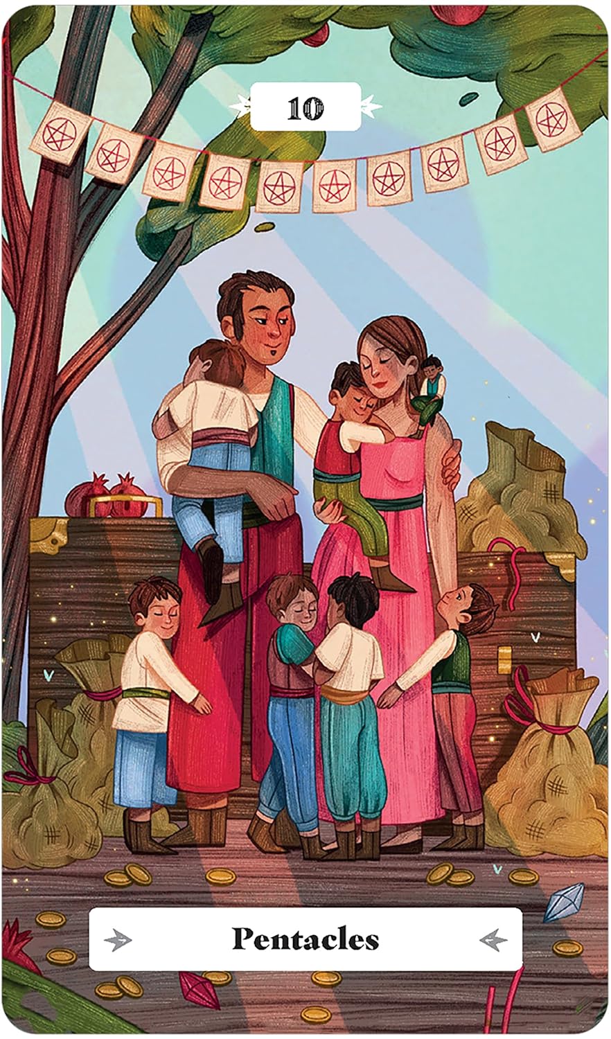 Card from a tarot deck titled 'Pentacles' featuring a family scene with children and adults.
