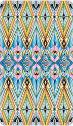 Colorful geometric patterned towel with a brand label on the corner.