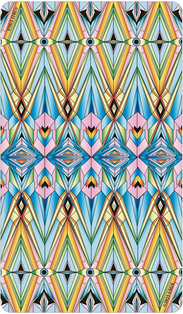 Colorful geometric patterned towel with a brand label on the corner.