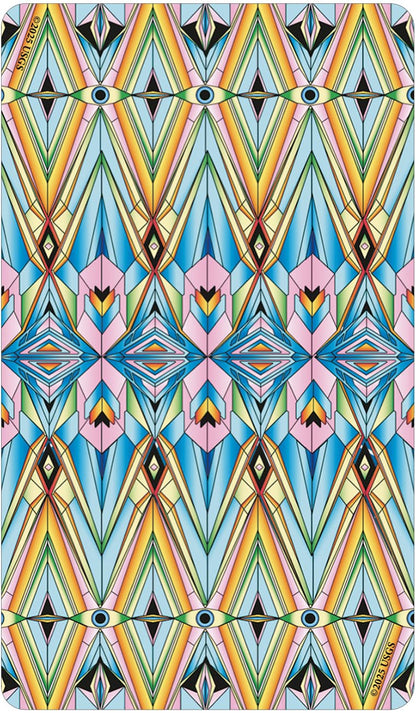 Colorful geometric patterned towel with a brand label on the corner.