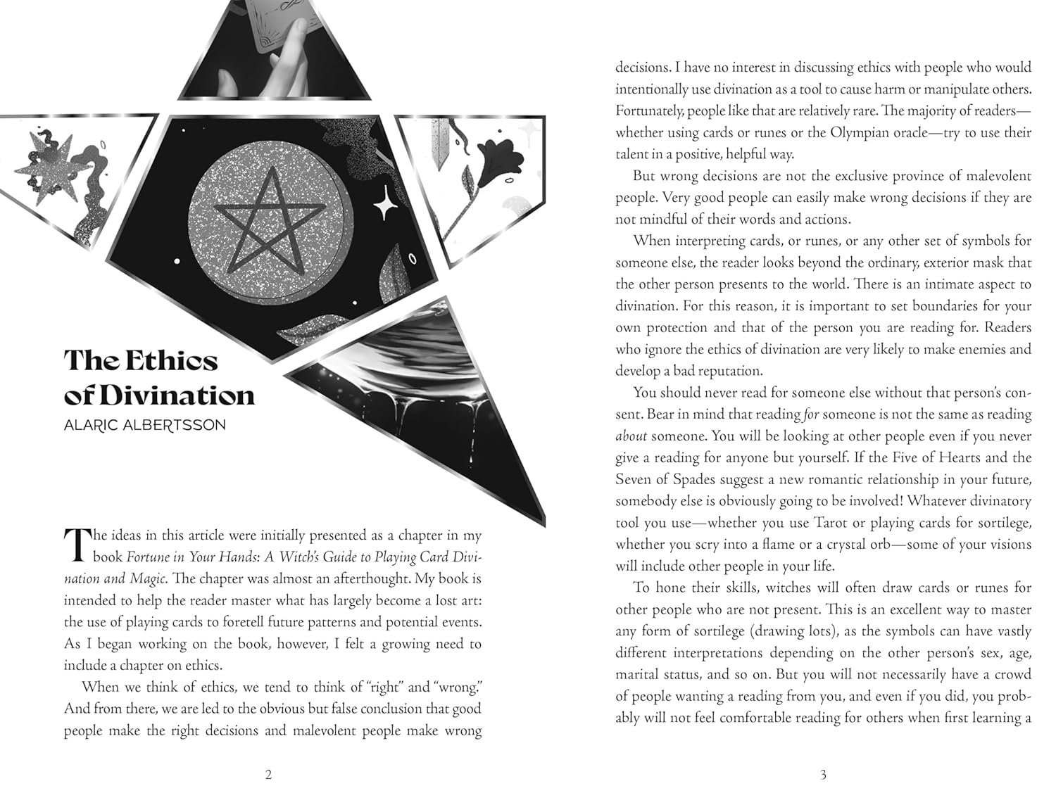 Page from a book titled 'The Ethics of Divination' by Alaric Albertsson, featuring tarot cards and text.
