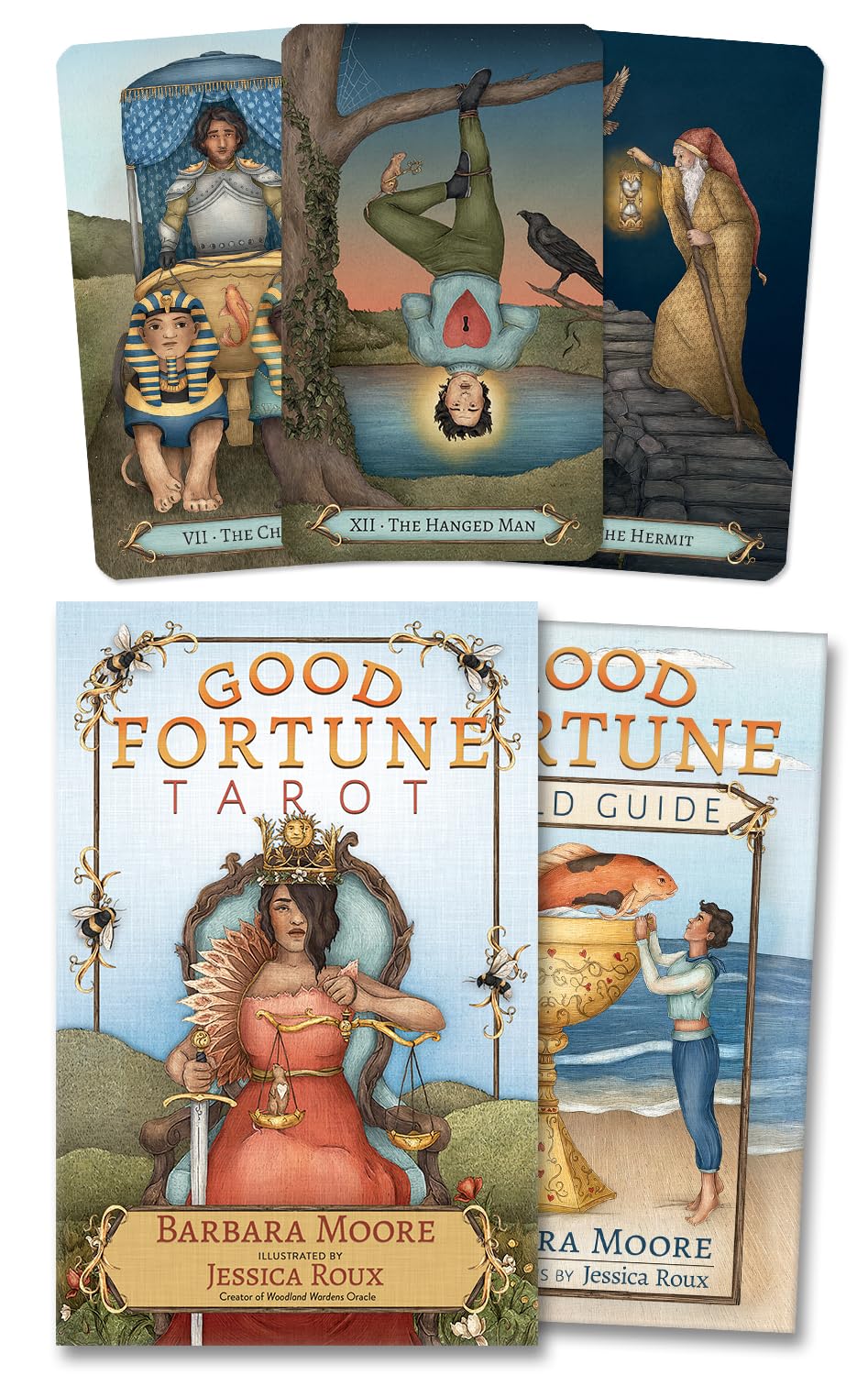 Good Fortune Tarot cards with cover and guidebook on a white background