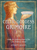 Book cover of 'Celtic Goddess Grimoire' with a woman holding a bowl and text on a teal background.