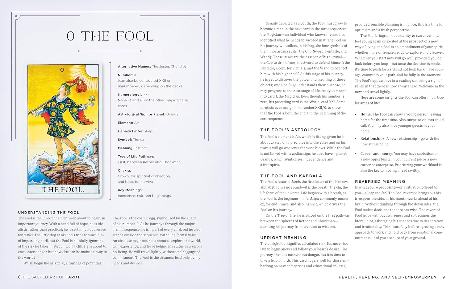 Tarot card featuring 'The Fool' with descriptive text on a white background