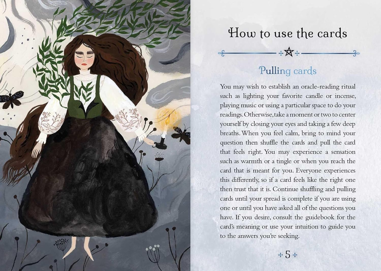 Illustration of a woman with long hair and a black dress, surrounded by nature elements, with text on how to use cards.