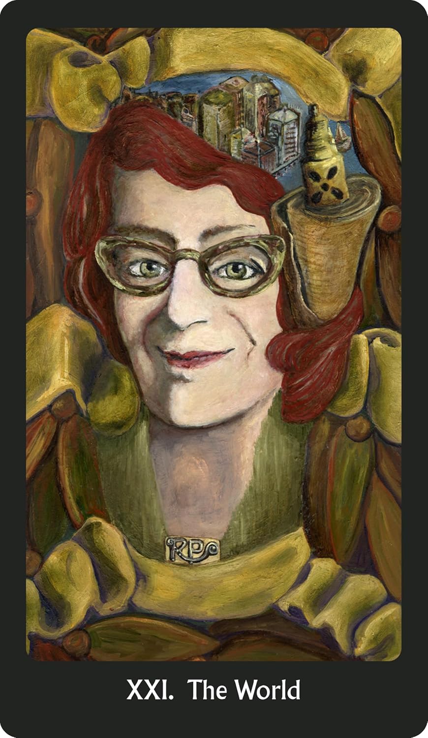 Artistic depiction of a person with red hair and glasses, wearing a green shirt and yellow cardigan, with 'The World' card text at the bottom.