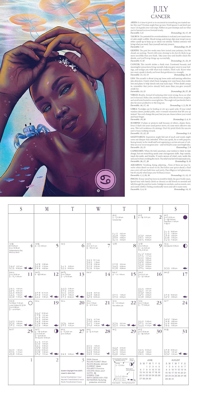 A Cancer zodiac-themed calendar page featuring a stylized portrait illustration on the left and a monthly calendar grid on the right, with the heading 'JULY CANCER' at the top.