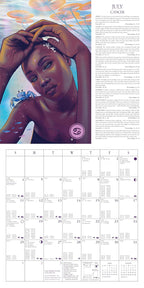 A Cancer zodiac-themed calendar page featuring a stylized portrait illustration on the left and a monthly calendar grid on the right, with the heading 'JULY CANCER' at the top.