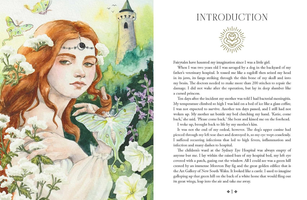 Illustrated fairy with red hair and butterfly wings on a book page with text.