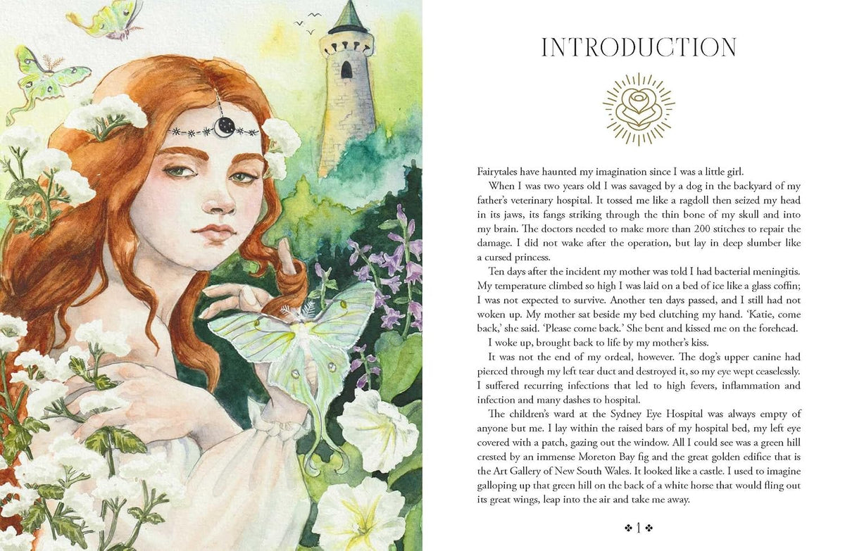 Illustrated fairy with red hair and butterfly wings on a book page with text.