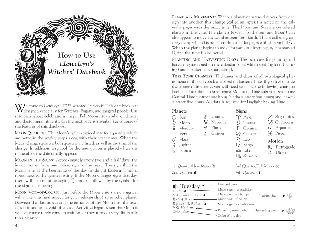 Page from a book or notebook titled 'How to Use Llewellyn's Witches' Datebook' with astrological and calendar information.