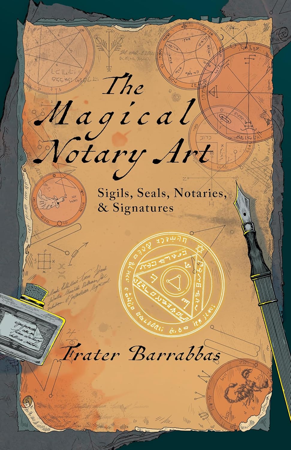 Book cover of 'The Magical Notary Art' with sigil designs and quill on a dark background