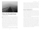 Book page with text about Chiron, the Wounded Healer, and a black and white photo of a bridge.