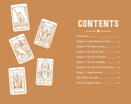 Contents page of a tarot book with illustrated tarot cards on a brown background