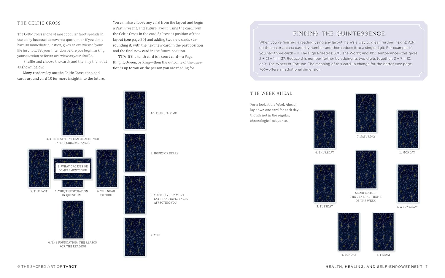 Page from a tarot card book with card layouts and text on a white background