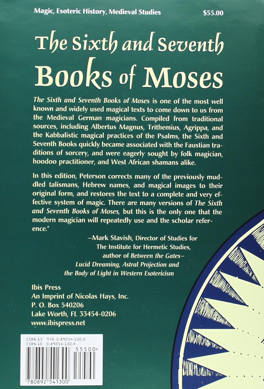 Rear book cover of 'The Sixth and Seventh Books of Moses' with green background and decorative elements.
