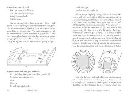 Instructions for making a compost tumbler with diagrams and text on a white background