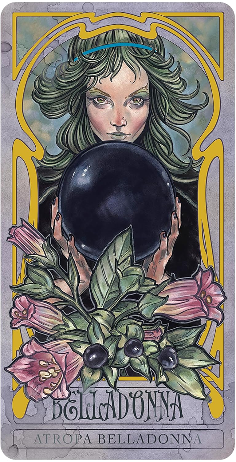 Tarot card featuring a woman with green hair holding a black sphere, surrounded by flowers and leaves.