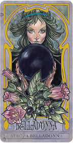 Tarot card featuring a woman with green hair holding a black sphere, surrounded by flowers and leaves.