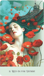 Illustration of a woman with teal hair and red flowers, with a steam train in the background.