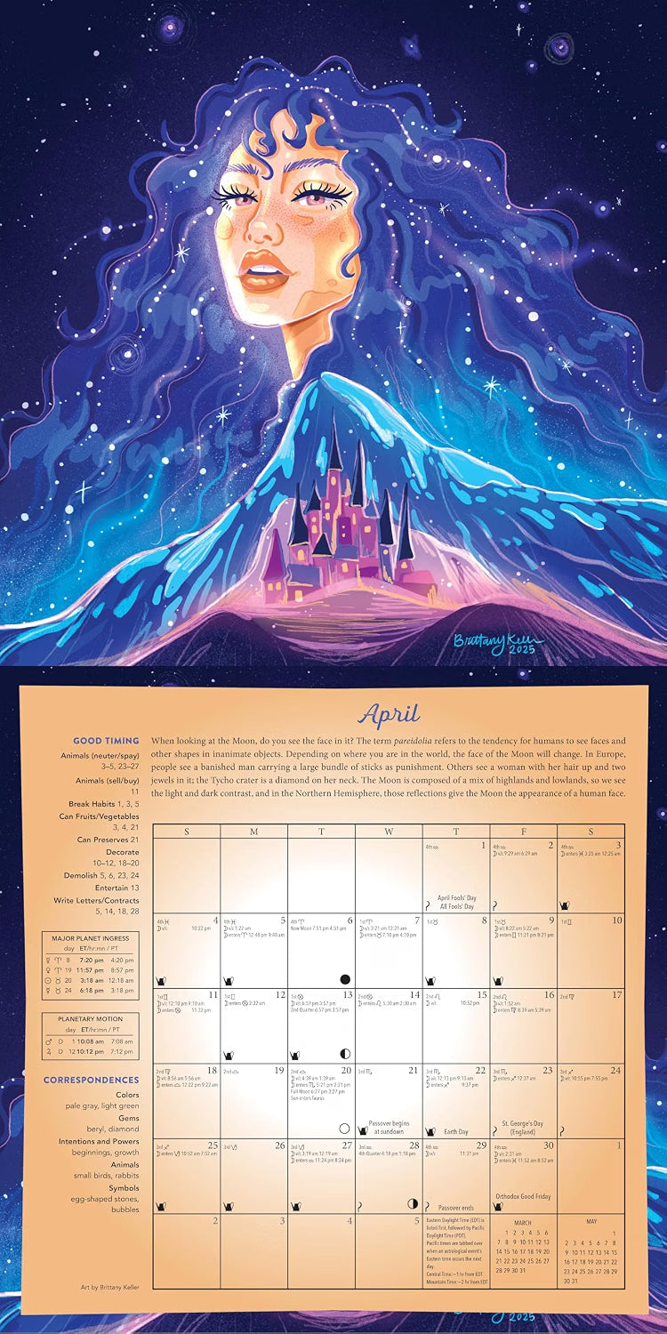 Calendar with a fantasy design featuring a castle and blue hair against a starry night sky.