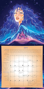 Calendar with a fantasy design featuring a castle and blue hair against a starry night sky.