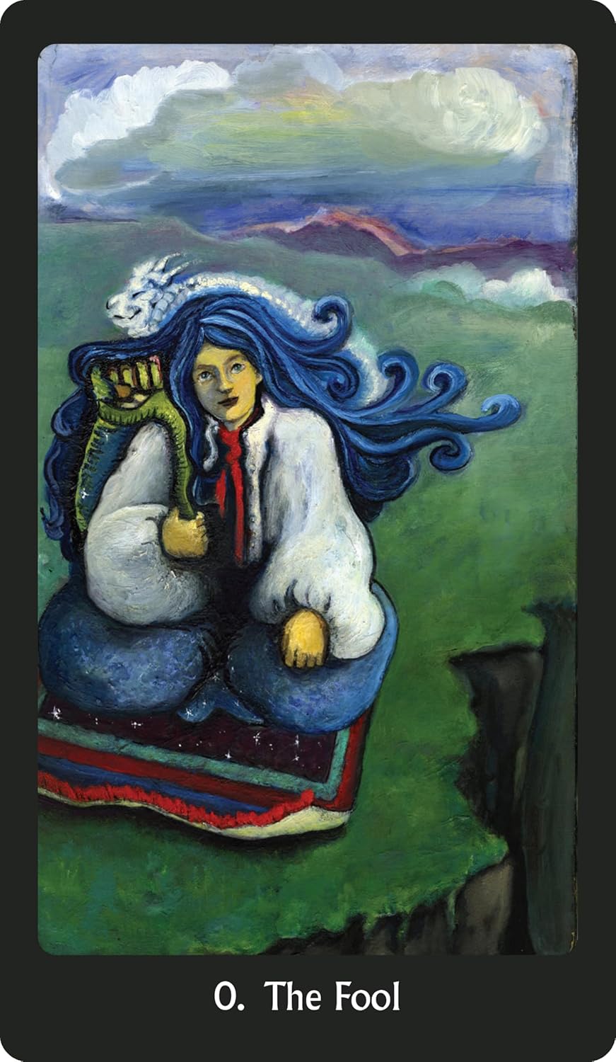 Card featuring a character with long blue hair and a white outfit, sitting on a green landscape with clouds.