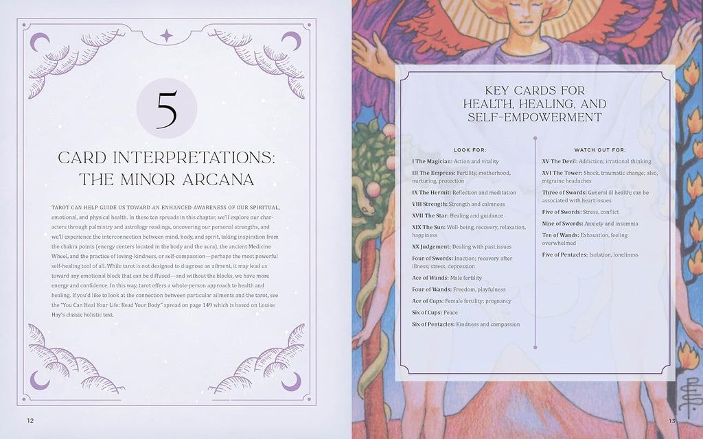 Page from a tarot book with card interpretations and key cards for health, healing, and self-empowerment.