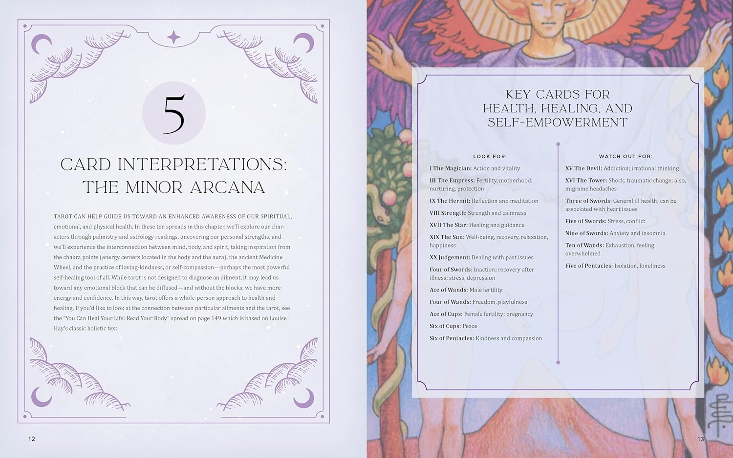 Page from a tarot book with card interpretations and key cards for health, healing, and self-empowerment.