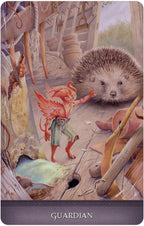 Illustration of a hedgehog and a fairy in a workshop setting with tools and a purple border.