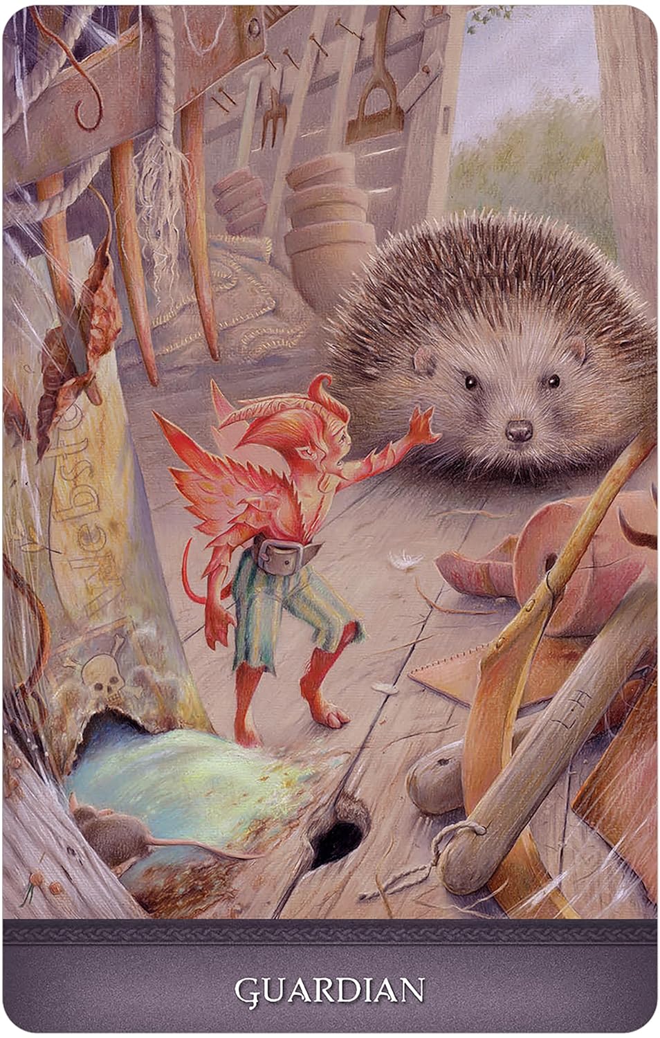 Illustration of a hedgehog and a fairy in a workshop setting with tools and a purple border.