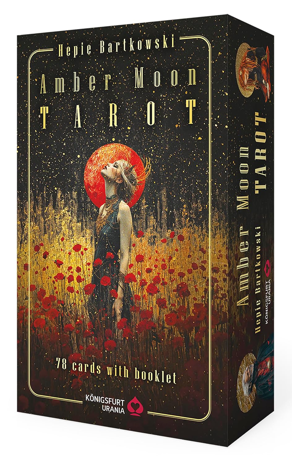 Amber Moon Tarot card set packaging with a woman in a field of red flowers and a red moon.
