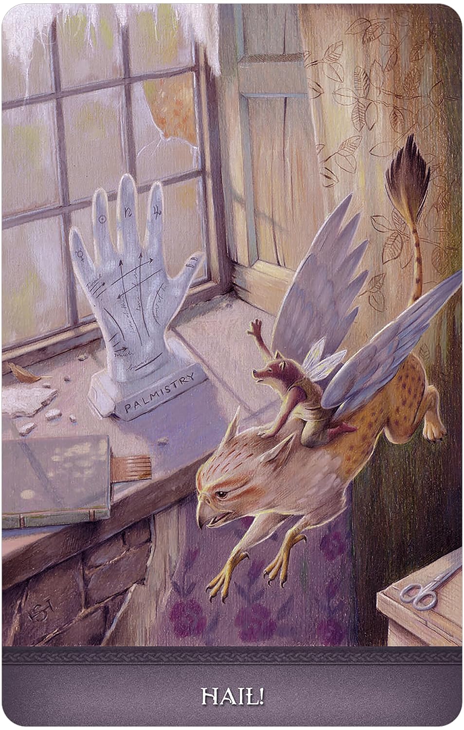Fantasy scene with a creature on a table, books, and a window in the background