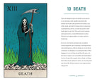 Death card from a tarot deck with a skeleton holding a scythe on a blue background.