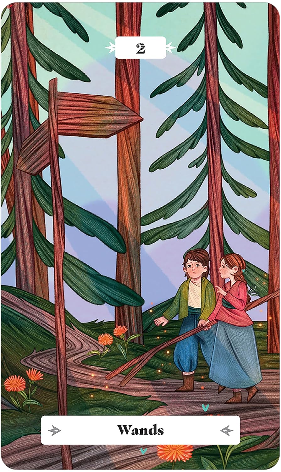 Tarot card with two people holding hands in a forest, labeled 'Wands'.