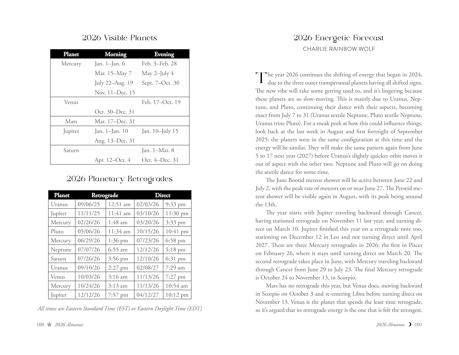 Page from a book or magazine featuring astrological information on visible planets and retrograde phases for 2026.