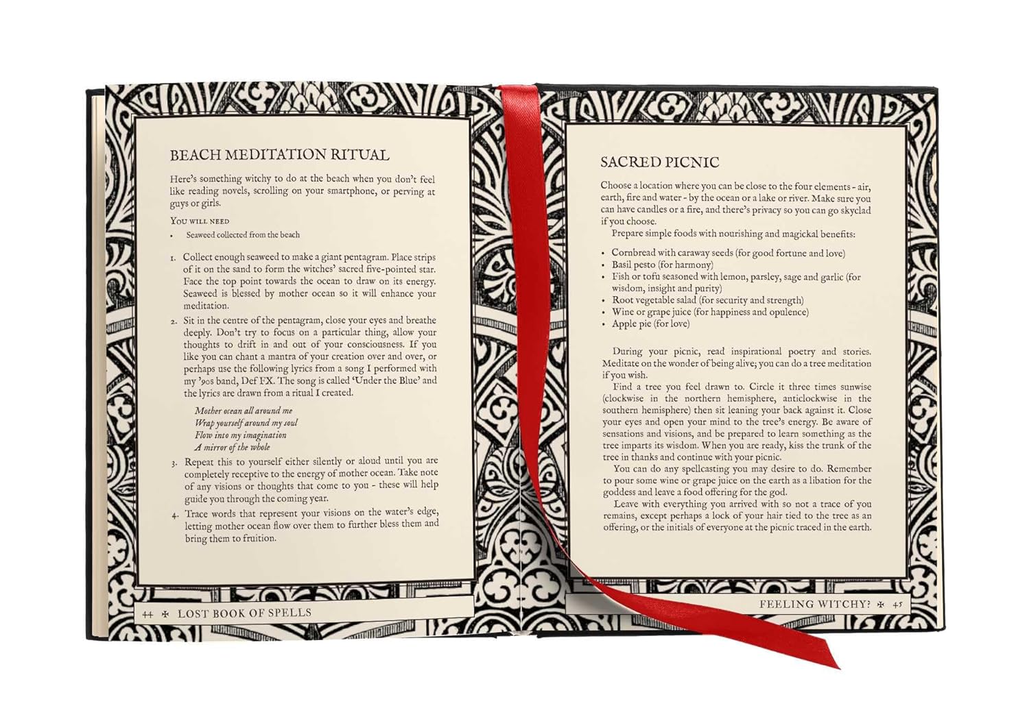 Open book with text and decorative elements on a white background