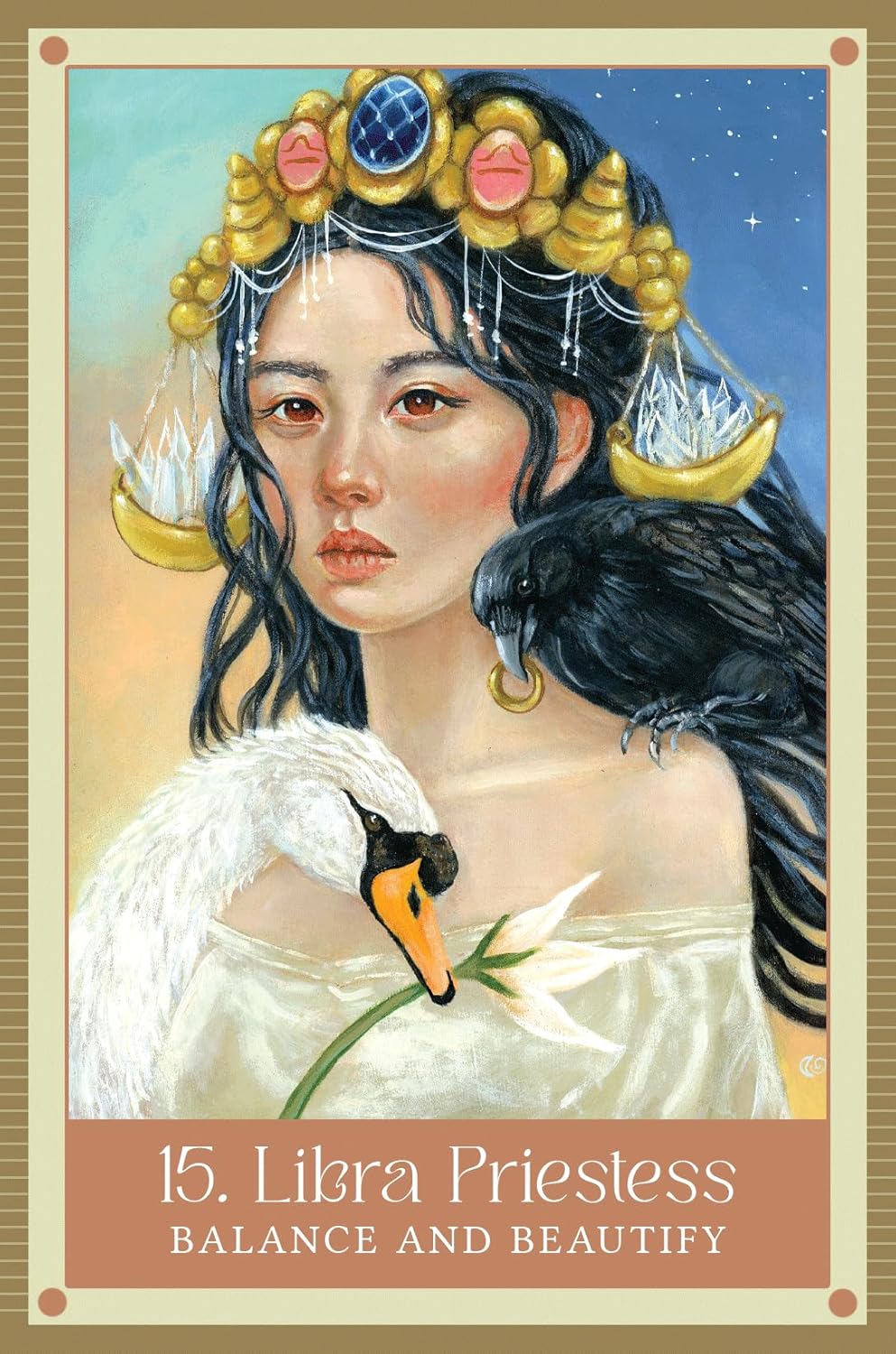 Illustration of Libra Priestess from a tarot card, featuring a woman with a swan and balance scale symbols.