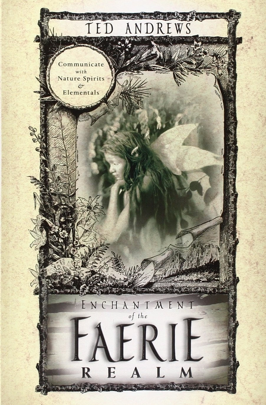 Book cover of 'Enchantment of the Faerie Realm' by Ted Andrews with a fairy illustration on a beige background.