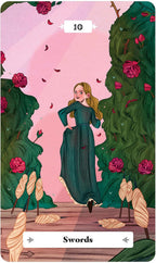 Tarot card with a woman in a green dress standing between two trees with pink flowers, surrounded by falling leaves and the number 10 at the top.