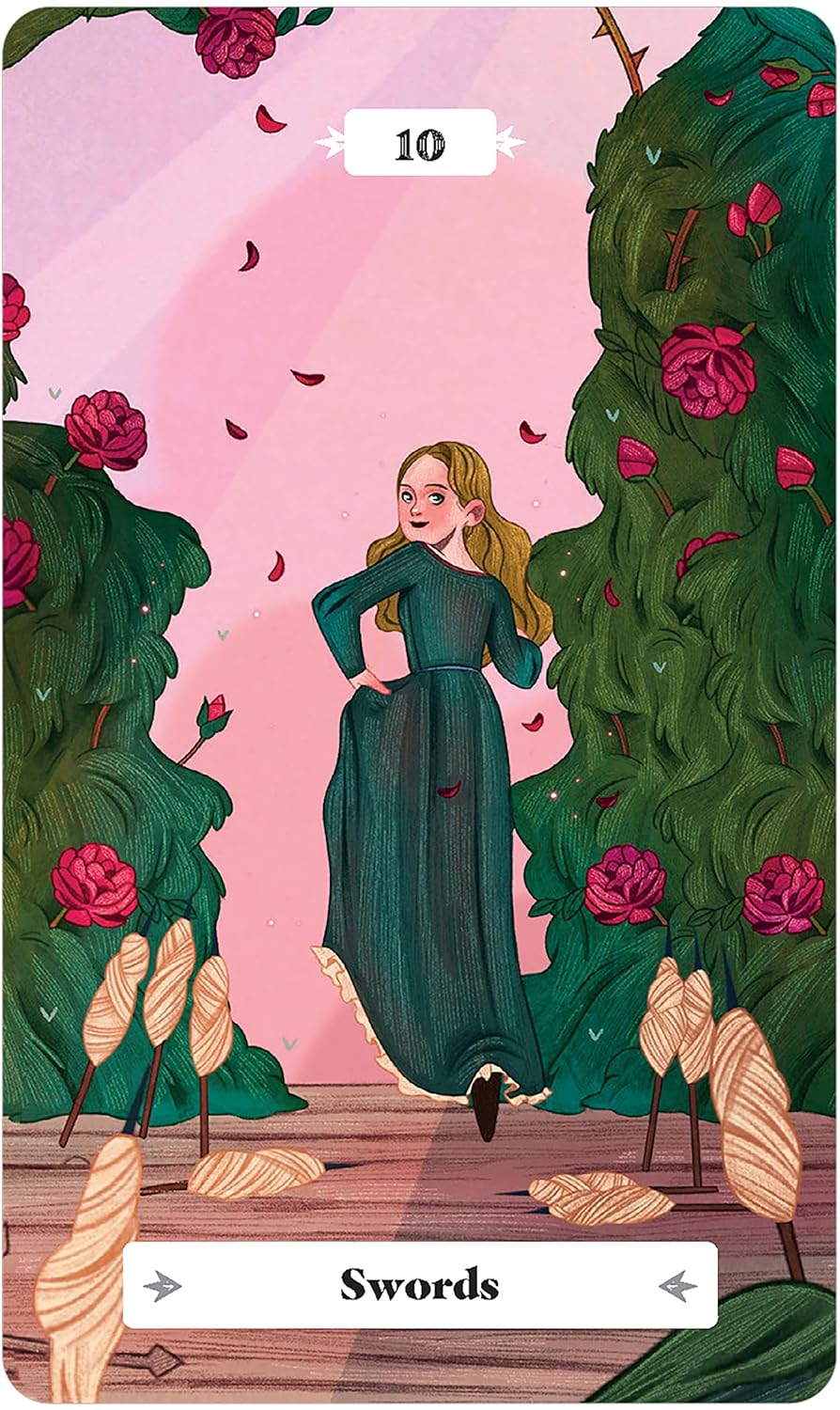 Tarot card with a woman in a green dress standing between two trees with pink flowers, surrounded by falling leaves and the number 10 at the top.