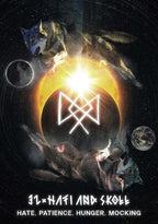 Wolf and sun design with symbol and text on a dark background