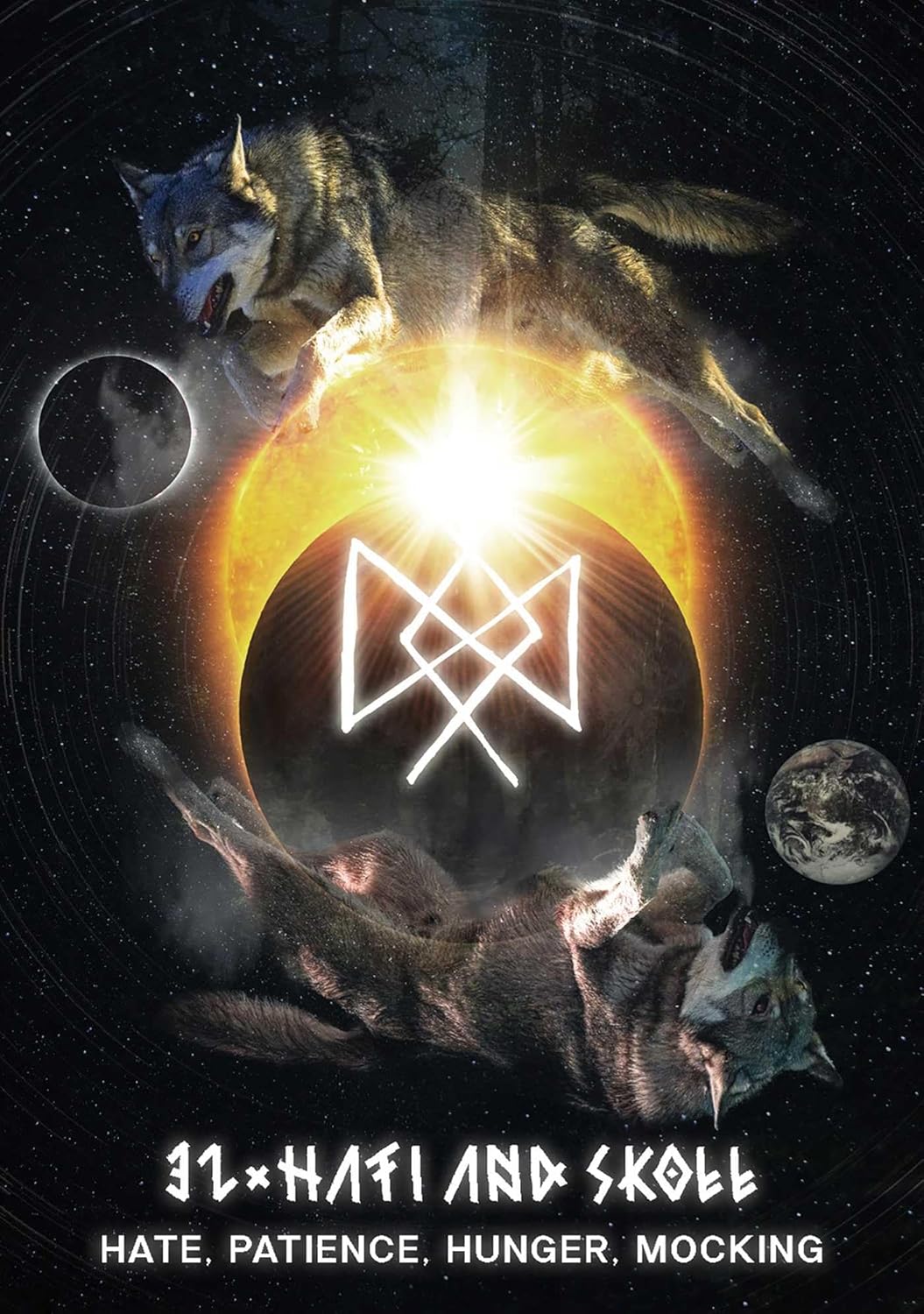 Wolf and sun design with symbol and text on a dark background