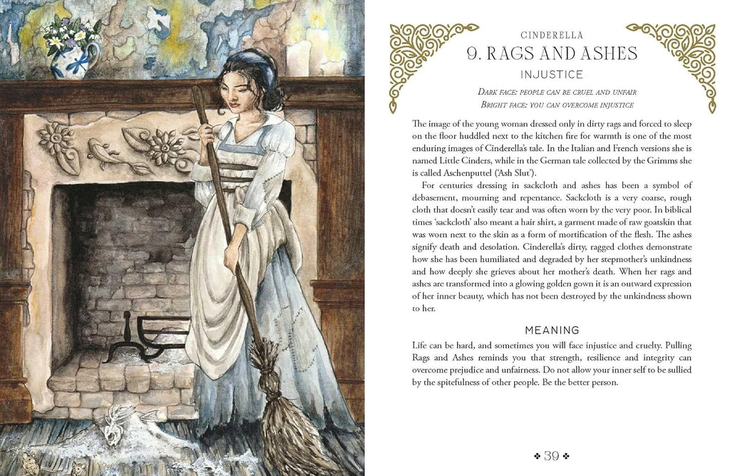 An open book spread showing a printed page with the title '9. Rags and Ashes: Justice' and an illustrated caption about Cinderella.