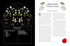 Book page with mistletoe illustration and information on a black background