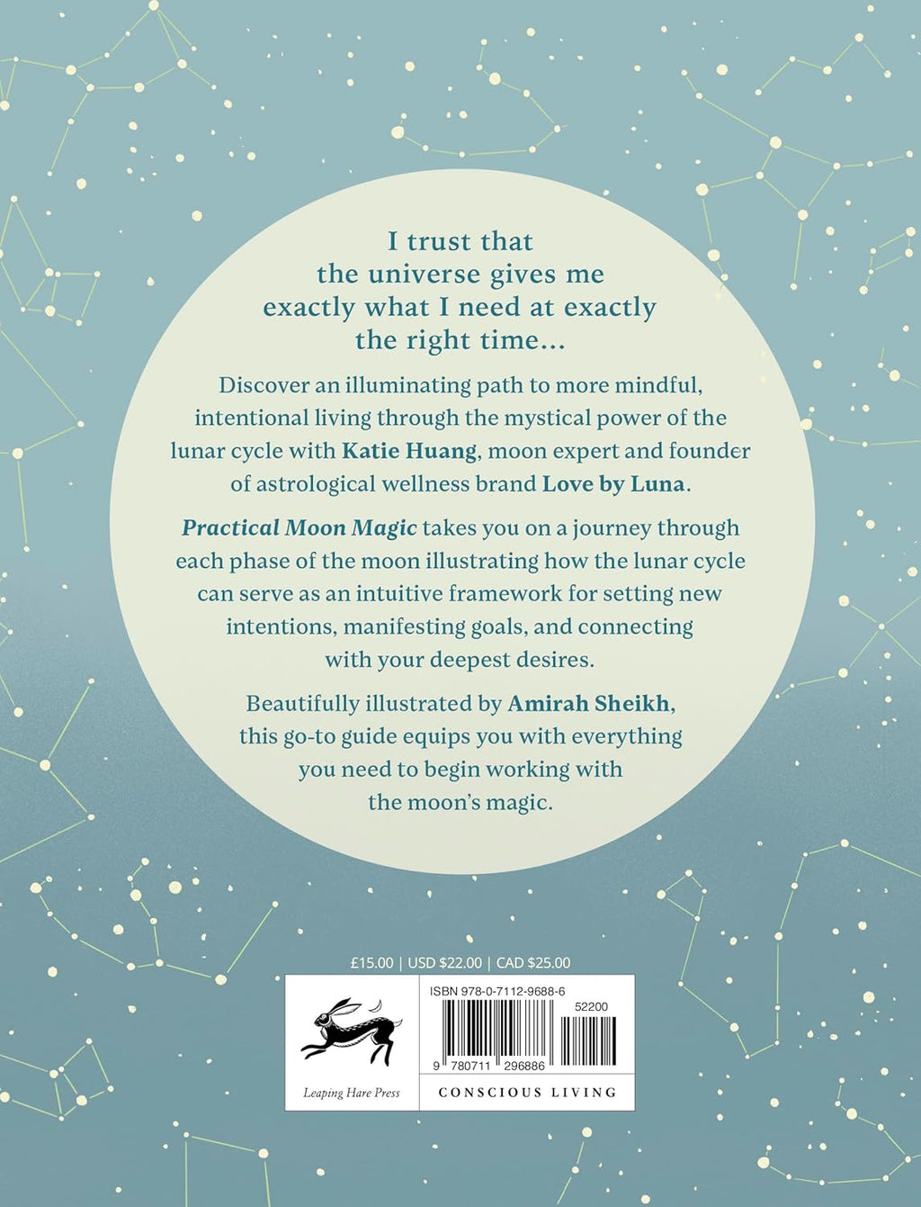 Book back cover with text and a barcode on a celestial design background