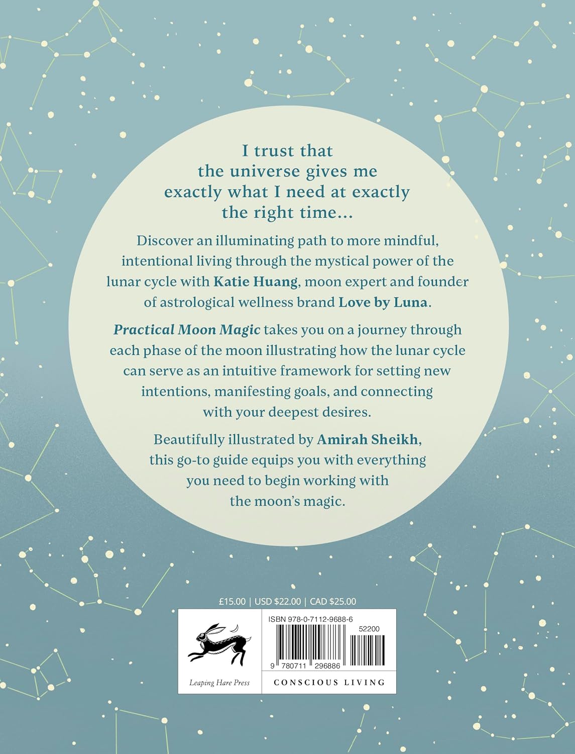Book back cover with text and a barcode on a celestial design background