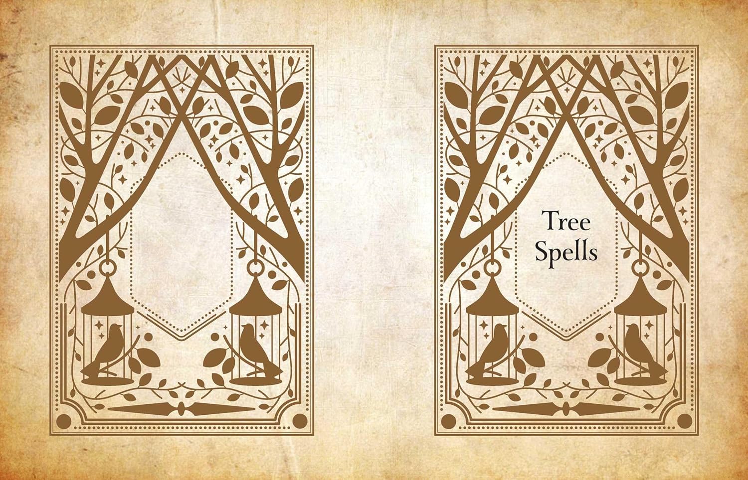 Decorative interior book design with tree and bird illustrations on a beige background