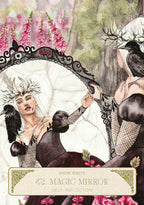 Illustration of a woman looking into a decorative mirror with a forest background