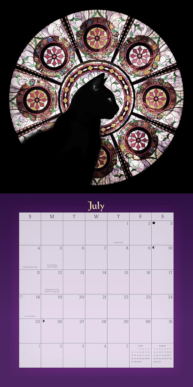 Calendar page for July with a silhouette of a cat and stained glass design.